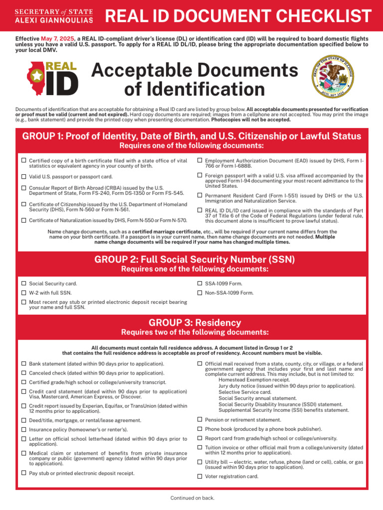 Illinois Real ID Document Checklist | PDF | Identity Document | Government