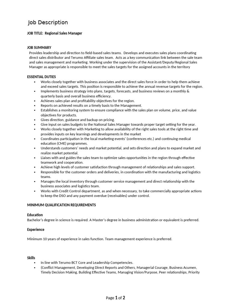 Regional Sales Manager Job Description | PDF | Sales | Business Economics