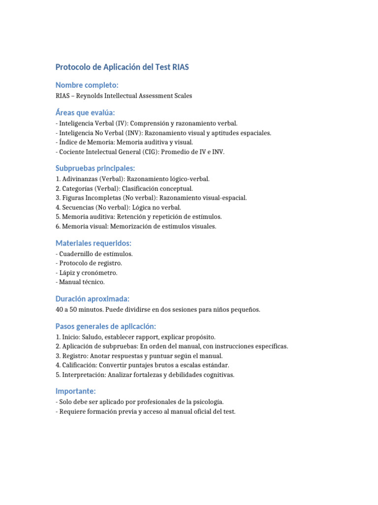 Protocolo Test RIAS para Evaluación Cognitiva | PDF
