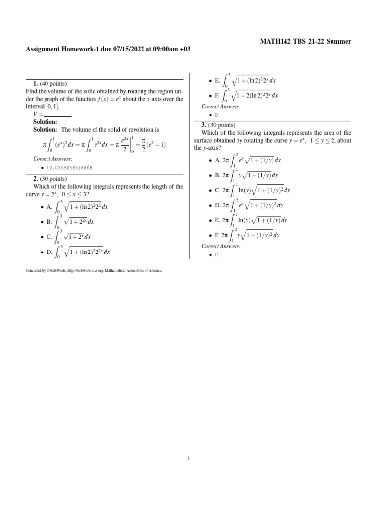 MATH142 Summer Homework Assignment | PDF | Area | Mathematical Concepts