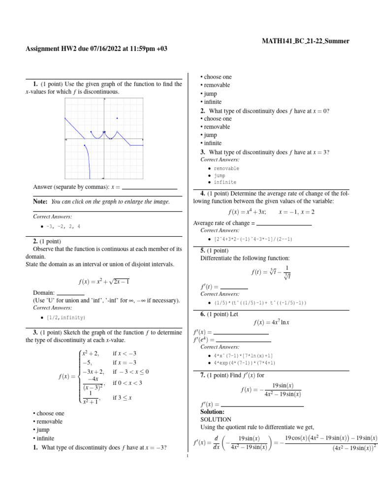 MATH141 BC Summer 2022 Assignment HW2 | PDF | Function (Mathematics ...