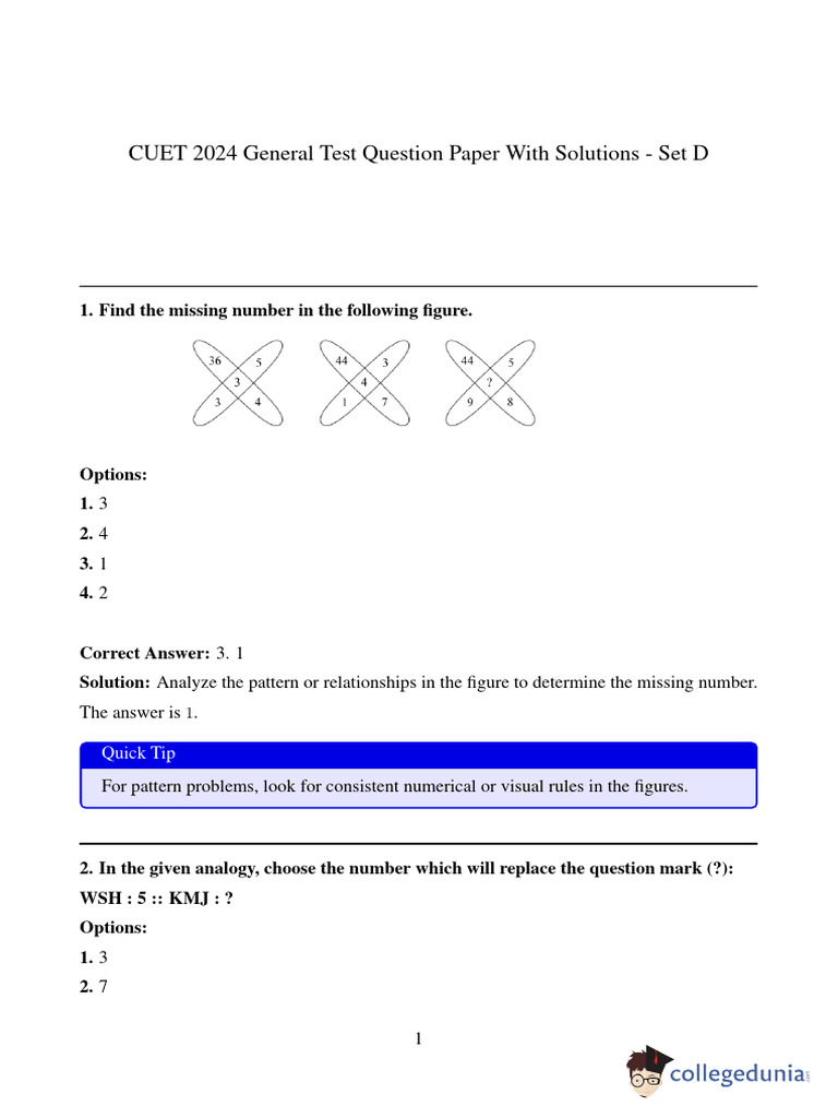 CUET 2024 General Test Question Paper With Solutions Set D | PDF | Pattern