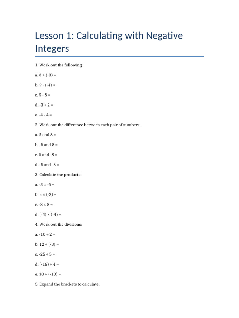 Negative Integer Calculations Guide | PDF