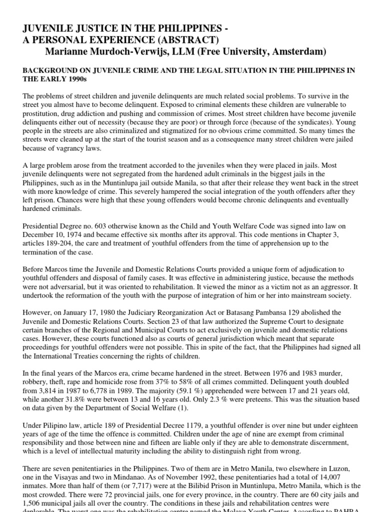 Juvenile Justice in the Philippines Prison Juvenile Delinquency