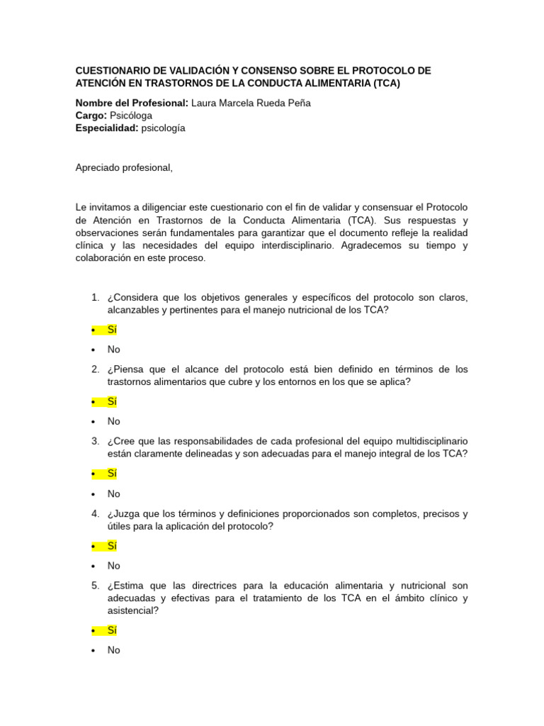 CUESTIONARIO DE VALIDACIÓN Y CONSENSO PARA TCA (1) (2) | PDF