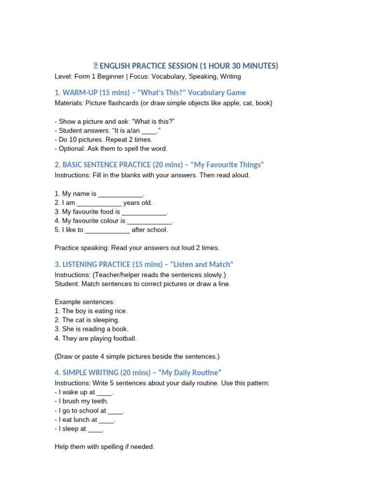English Practice Session for Beginners | PDF