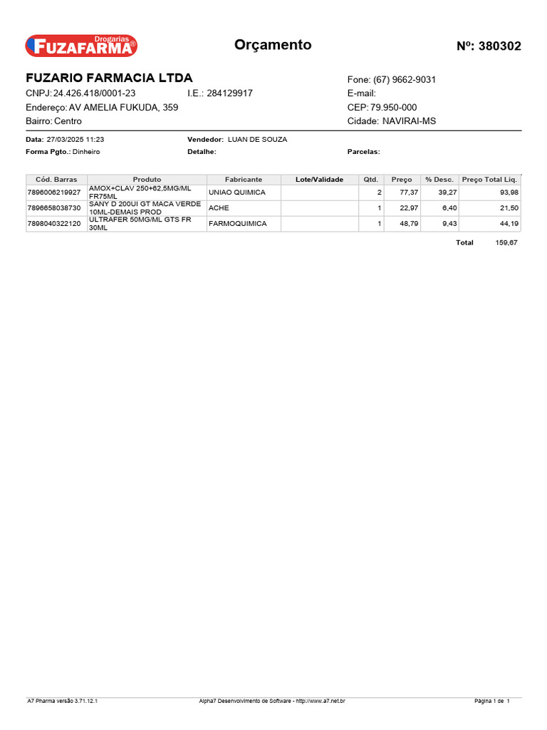 Nota Fiscal - Ultrafer 50mg | PDF