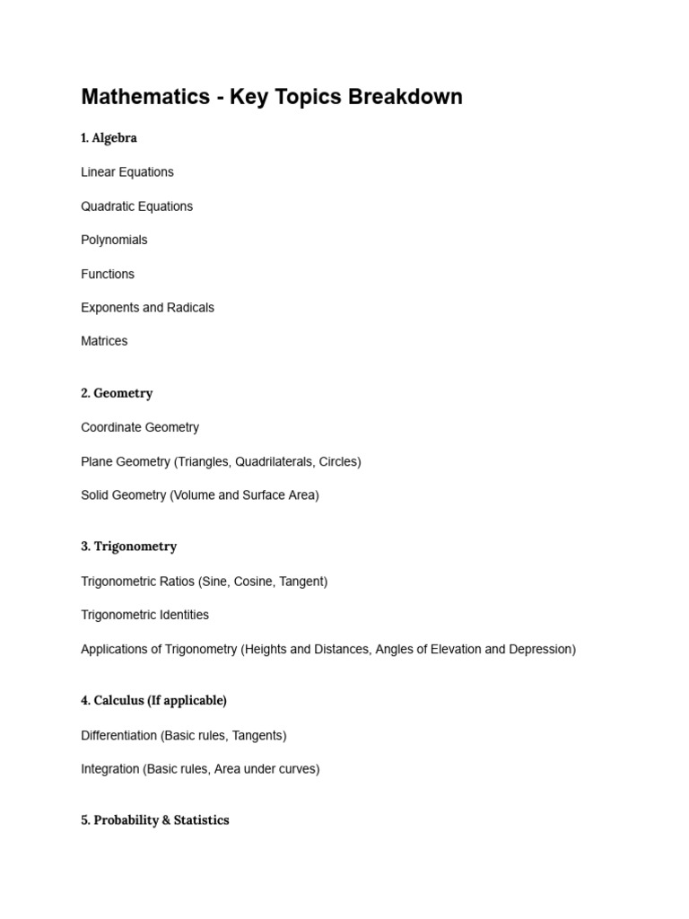 Key Mathematics Topics Overview | PDF