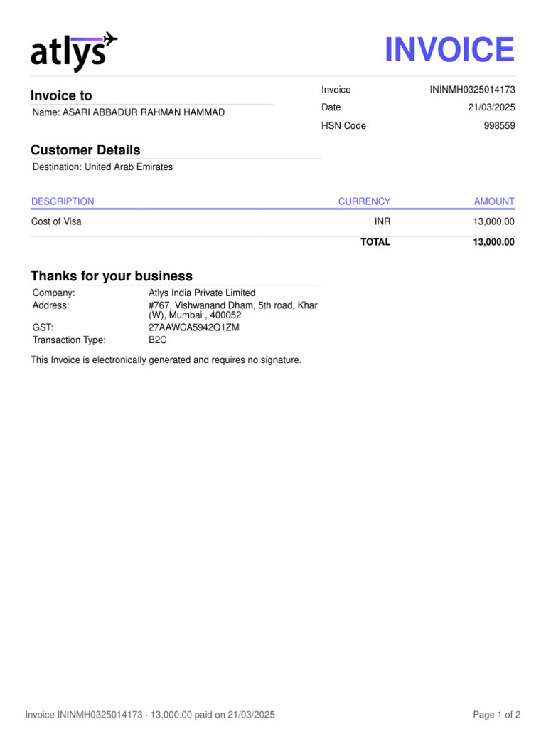 Atlys India Visa Invoice Details | PDF
