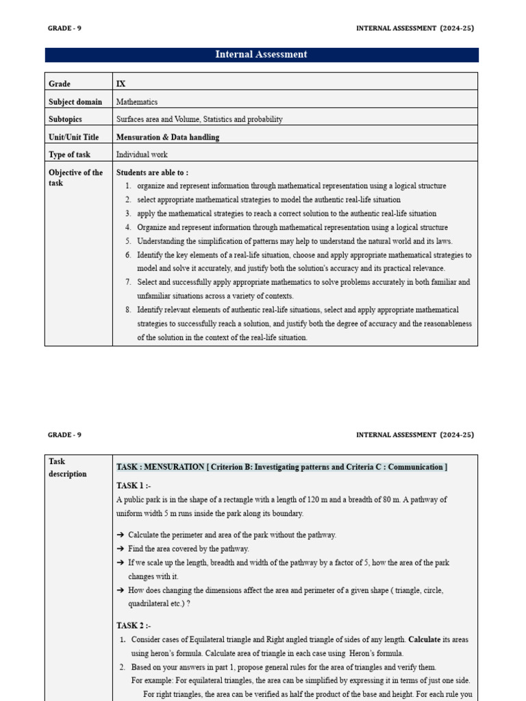 Grade 9 Math Internal Assessment Guide | PDF | Area | Mathematics