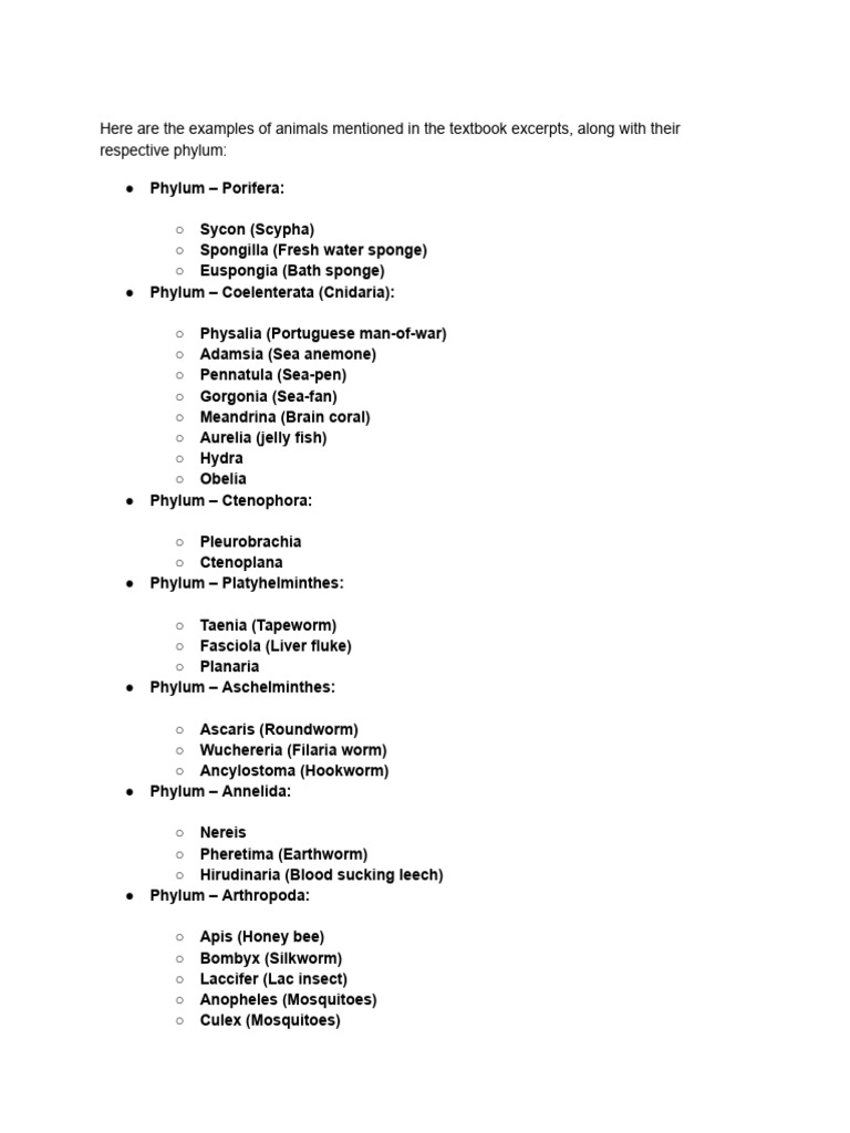 Animal Phyla and Examples List | PDF | Zoology