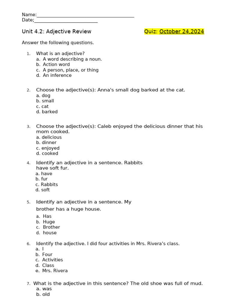 Adjective Review Quiz | PDF