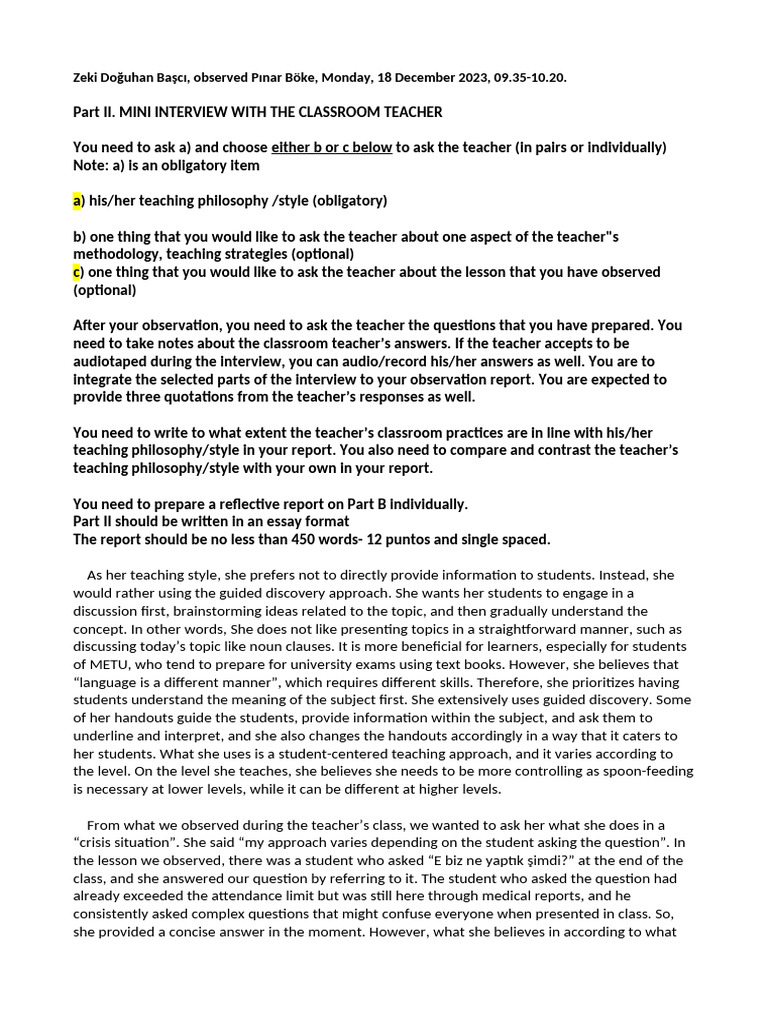Classroom Obersation PART LL Min Interview | PDF | Question | Teachers
