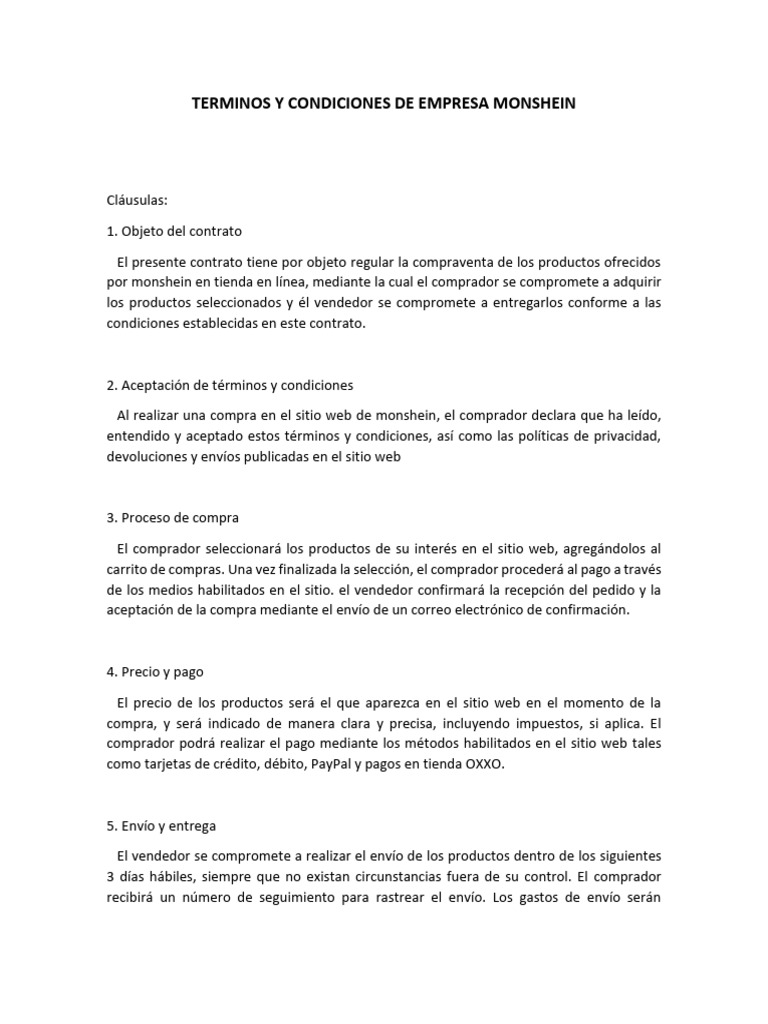 Terminos y Condiciones de Empresa Monshein | PDF