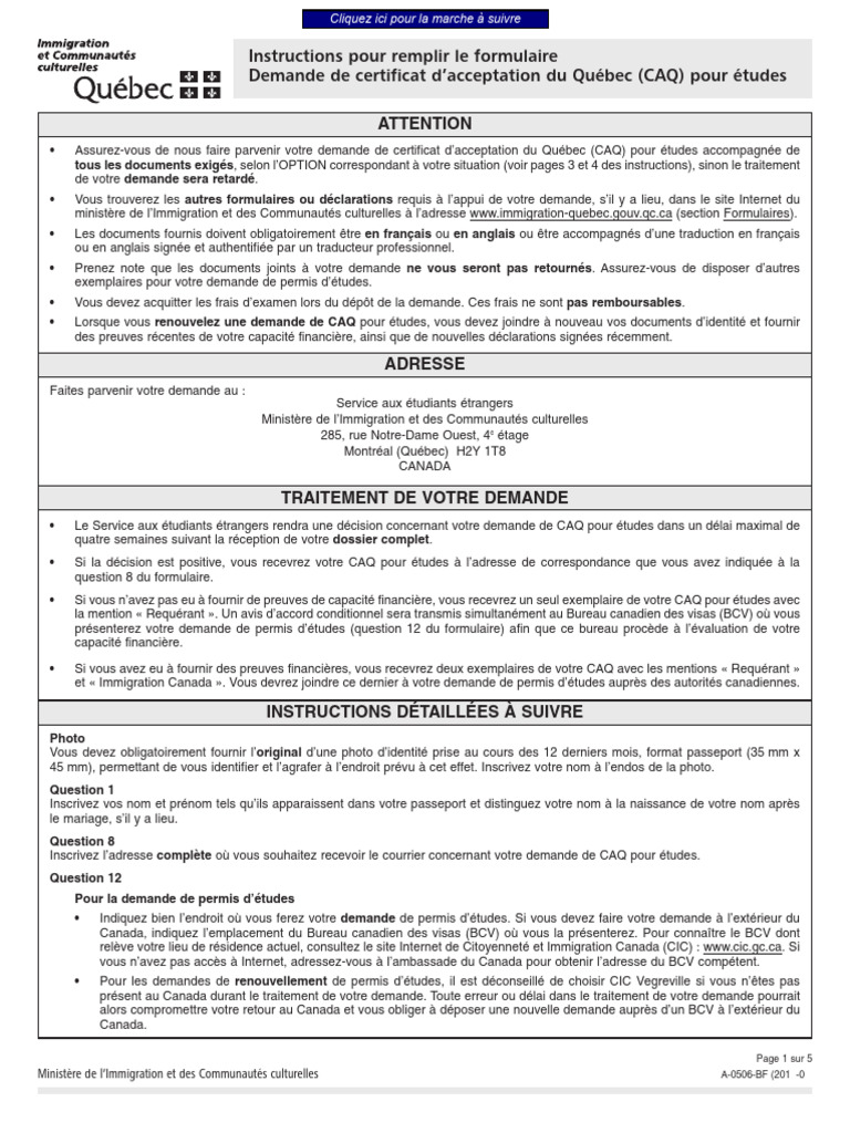 Demande de CAQ pour études au Québec | PDF | Québec | Visa (Document)
