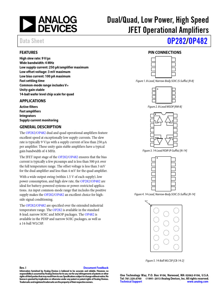 Low Power JFET Op Amps OP282/OP482 | PDF | Amplifier | Power Supply
