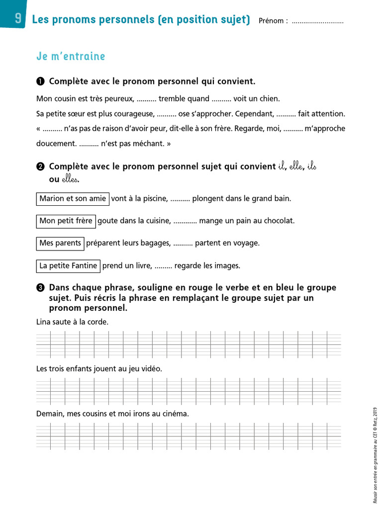 Exercices sur les pronoms personnels CE1 | PDF