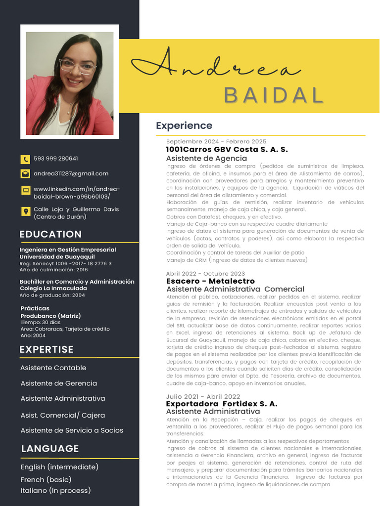Perfil Profesional de Andrea Baidal | PDF | Planificación de recursos ...