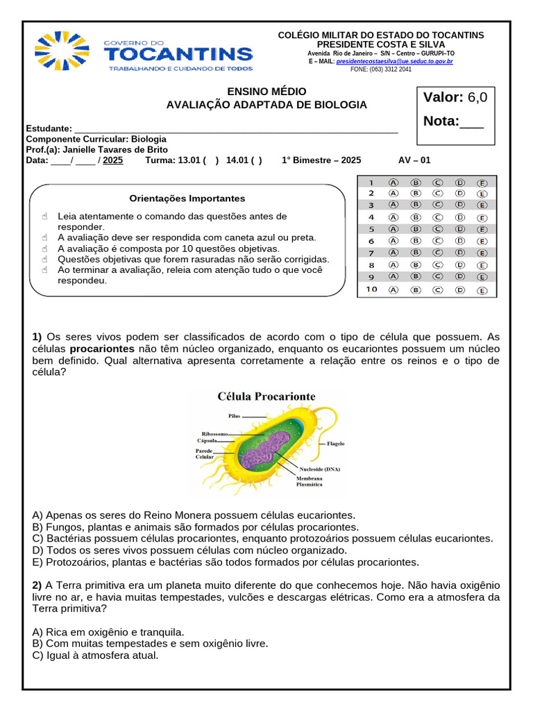 Avaliação de Biologia - Colégio Militar TO | PDF | Vida | Abiogênese