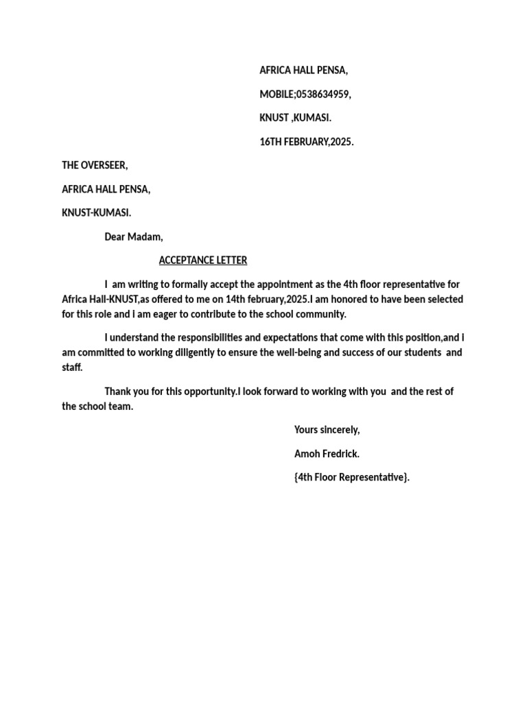 Acceptance Letter for KNUST Role | PDF