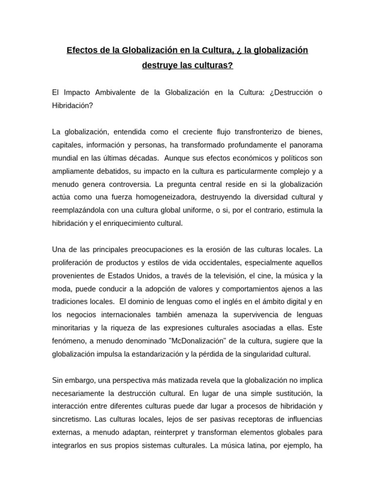 Impacto de la Globalización en la Cultura | PDF | Globalización ...