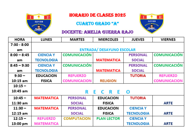 Horario Clases Cuarto Grado 2025 | PDF