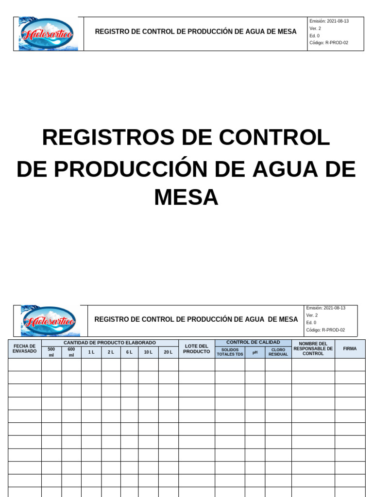 2 Registro de Control de Producción Sachet, Botellon y Pet | PDF