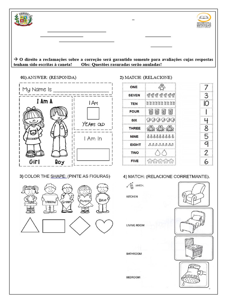 Prova de Inglês para 3º Ano Fundamental | PDF