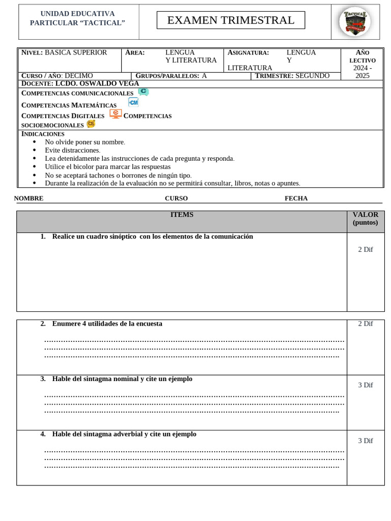Examen Trimestral Lengua y Literatura 2024 | PDF