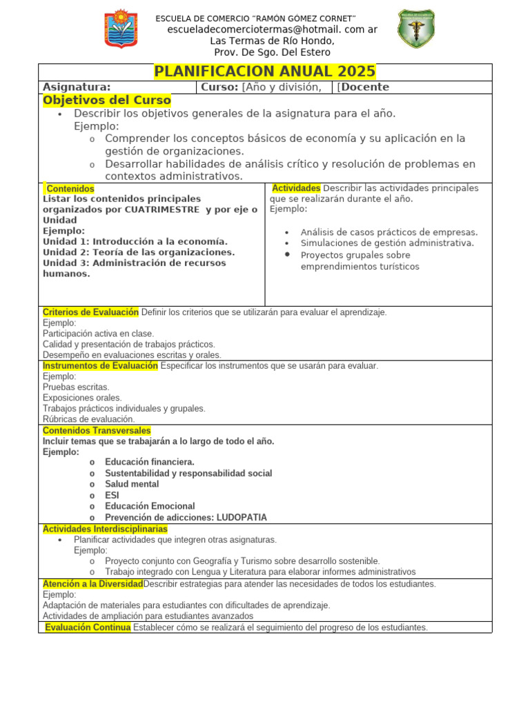 Planificación Anual 2025 Escuela de Comercio | PDF | Evaluación ...