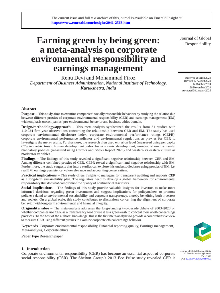 Corporate Environmental Responsibility & Earnings Management Analysis ...