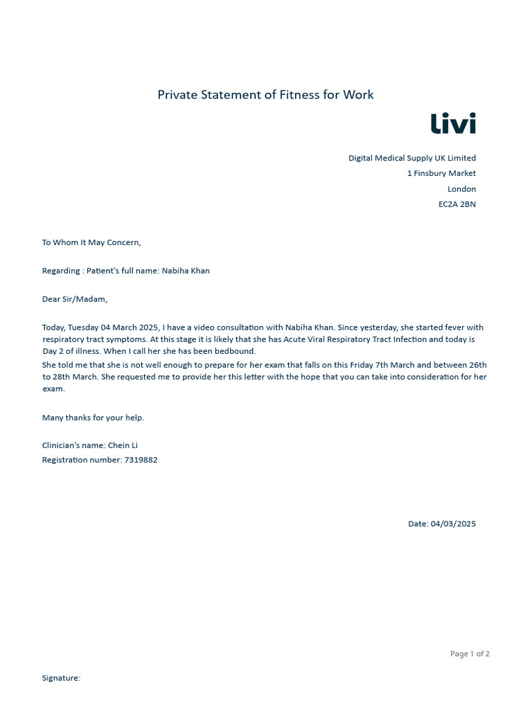 Private Statement of Fitness For Work | PDF