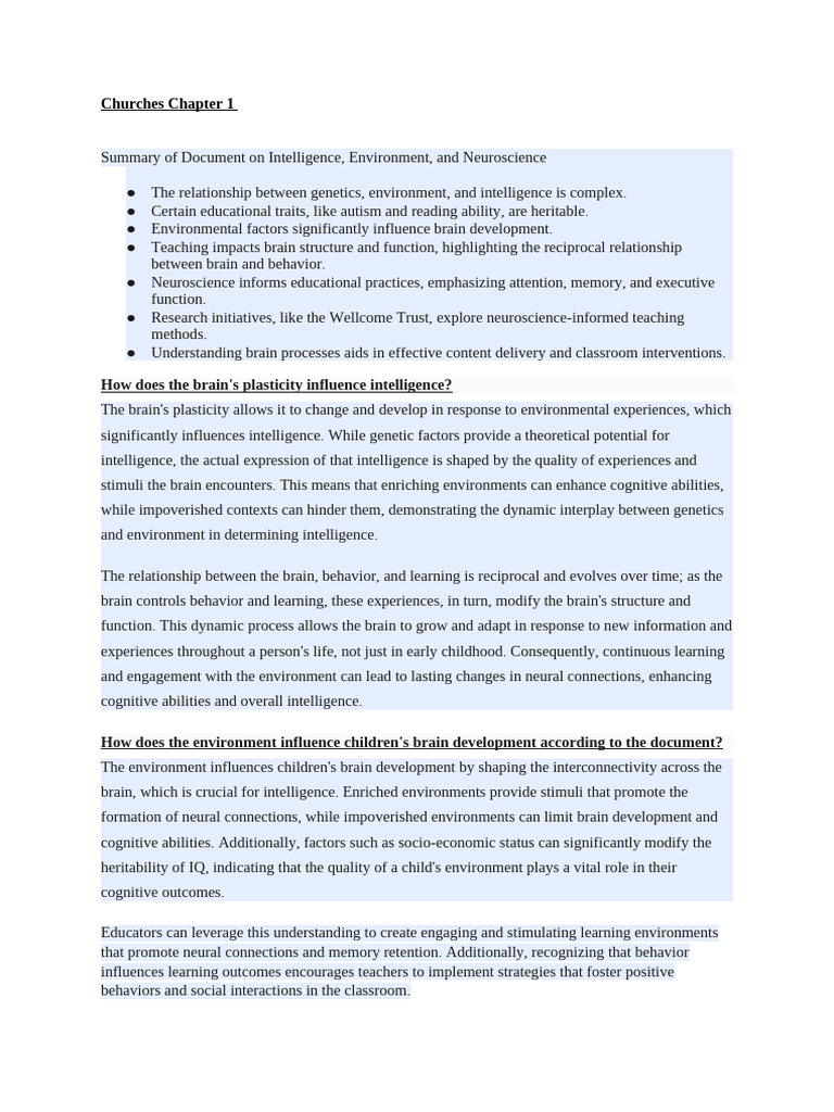 Summary Churches Chapter 1 and 2 | PDF | Memory | Learning