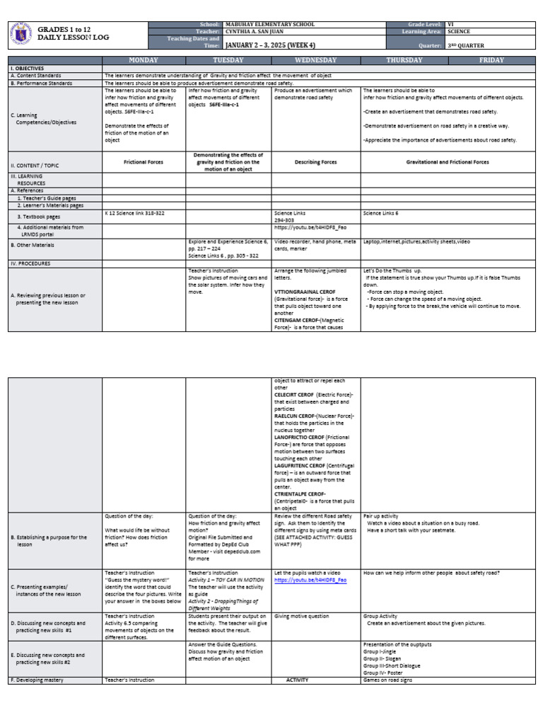 Grade VI Science Lesson on Forces | PDF | Force | Differentiated ...