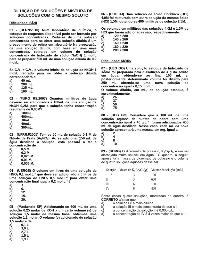 Diluição e Mistura de Soluções Químicas | PDF | Concentração | Ácido ...