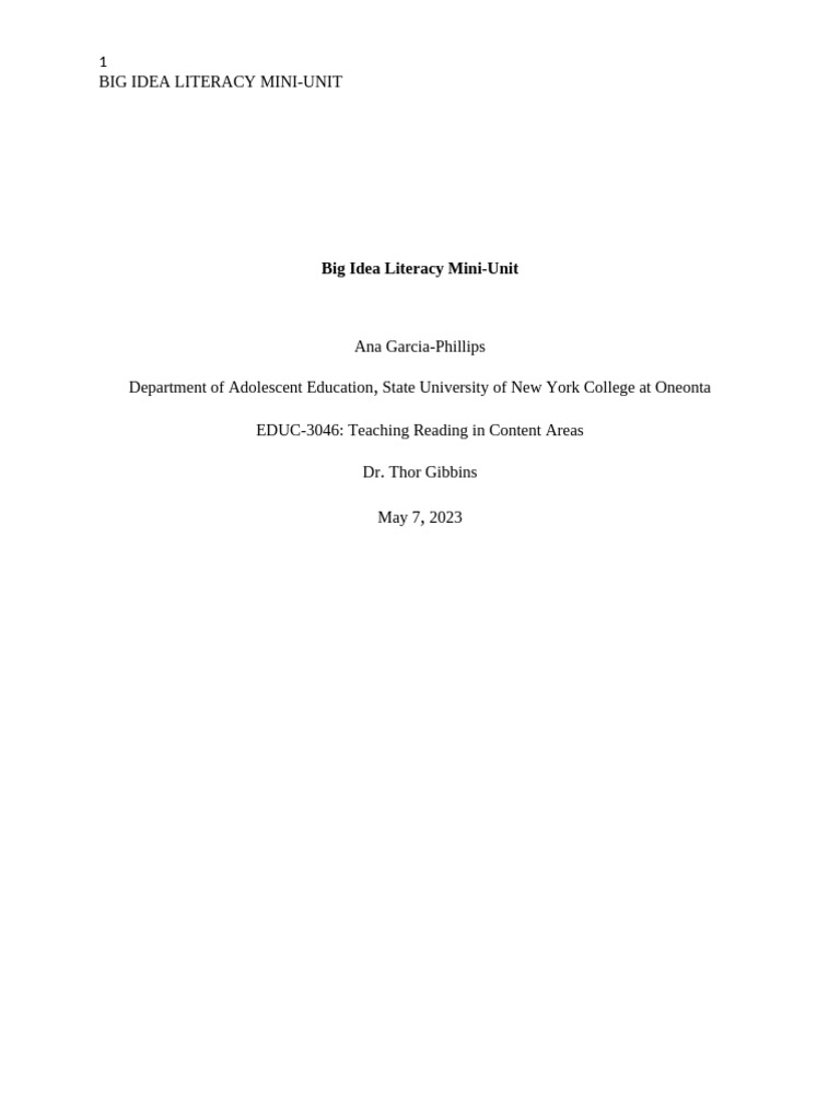 Big Idea Literacy Mini Unit - EDUC3046 | PDF | Reading Comprehension ...
