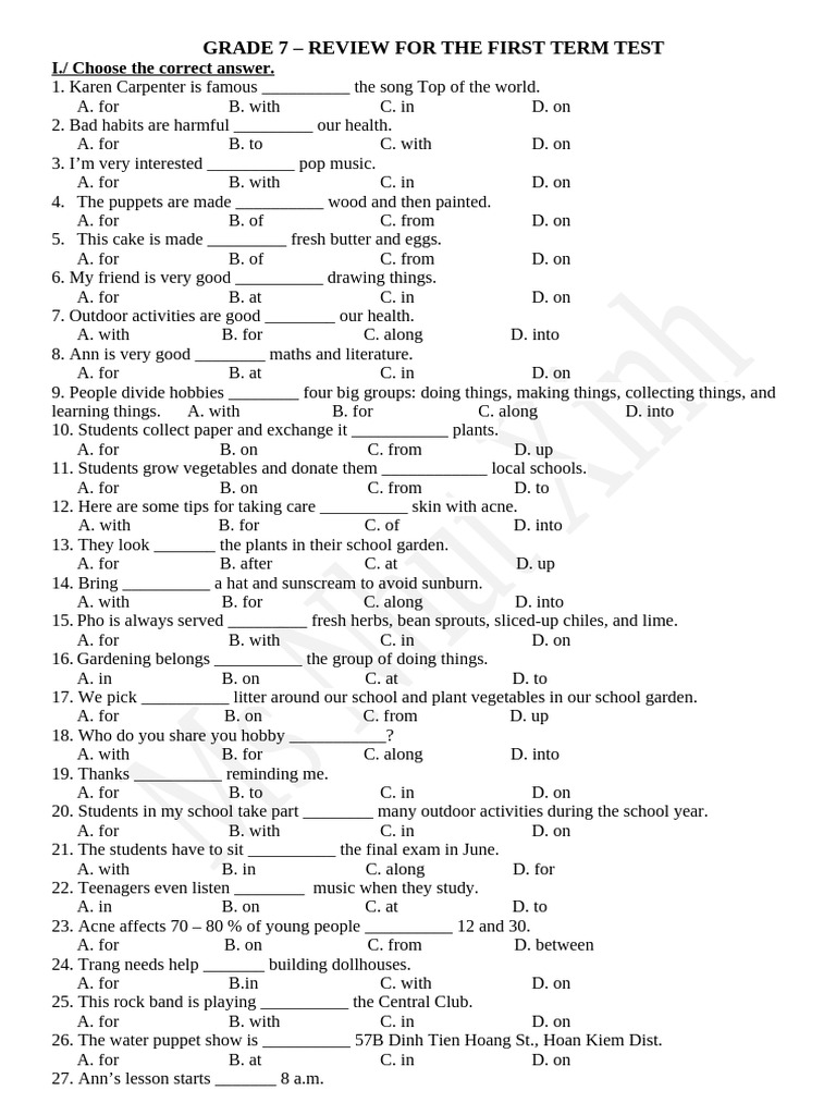Grade 7 First Term Test Review | PDF