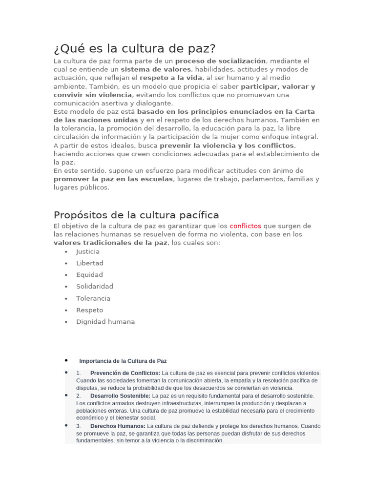Cultura de Paz: Valores y Propósitos | PDF | Paz | Psicología Social
