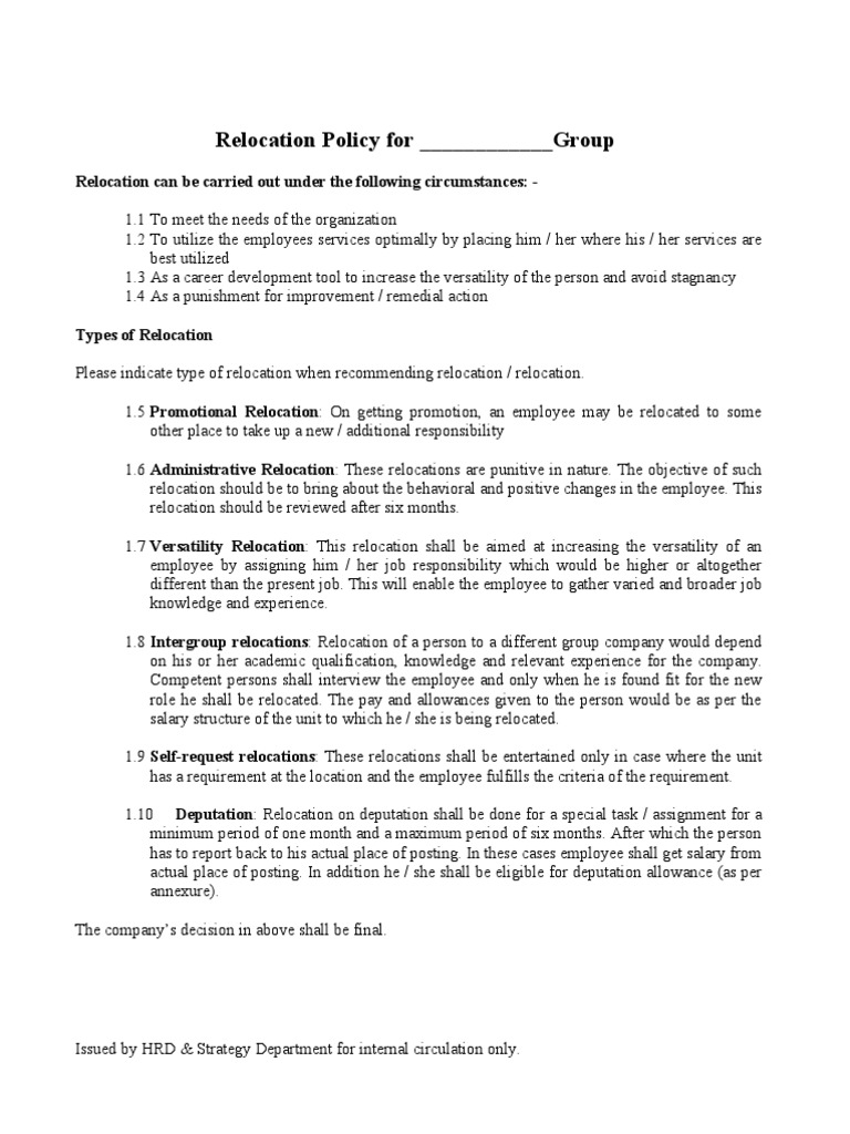Relocation Policy Guidelines for Employees | PDF | Employment | Salary