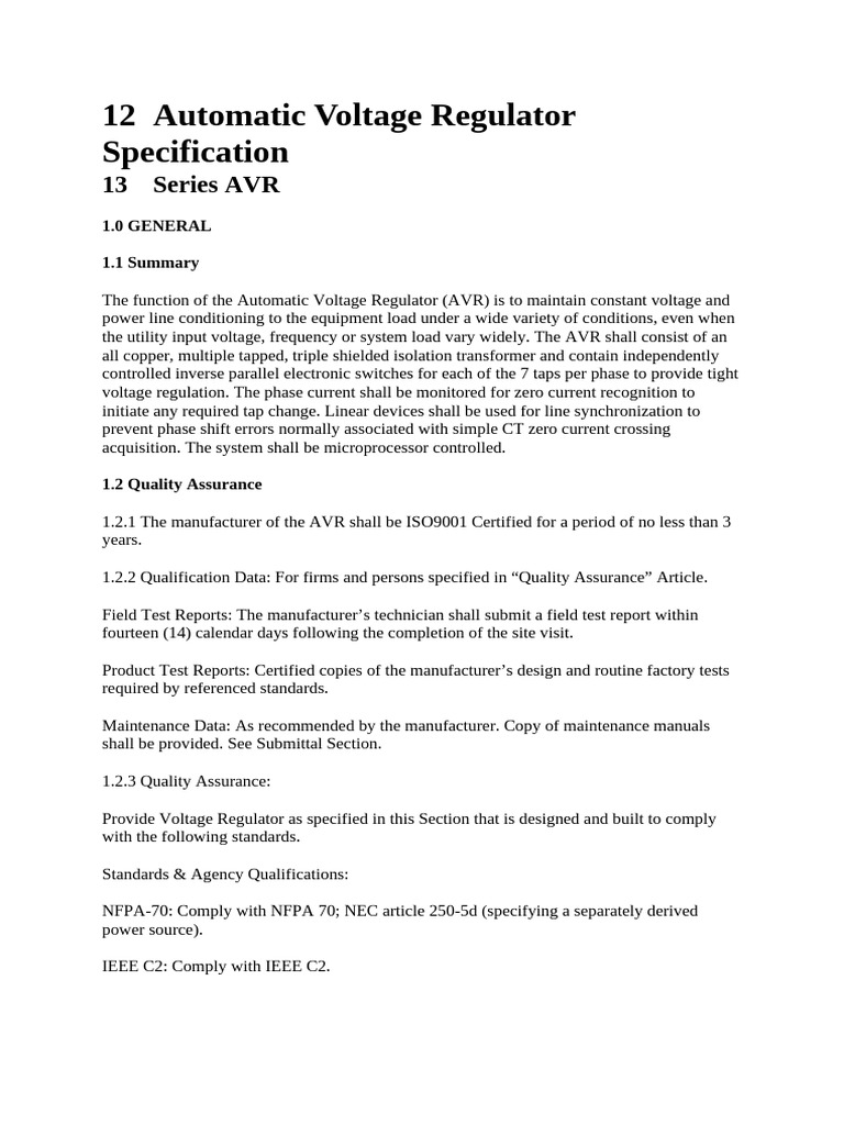 AVR Specifications and Quality Standards | PDF | Transformer | Switch
