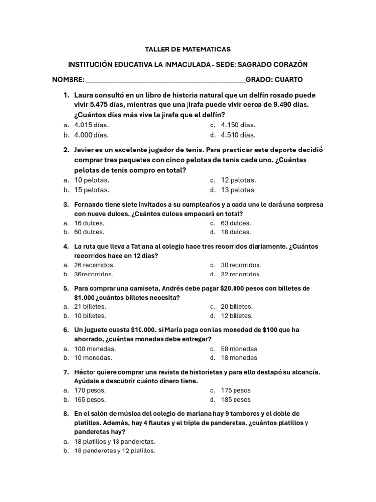 Taller de Matemáticas para Cuarto Grado | PDF