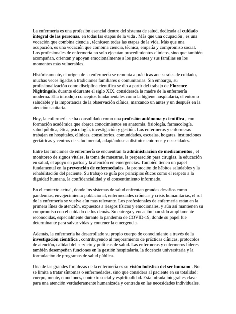 La Enfermería Es Una Profesión Esencial Dentro Del Sistema de Salud ...
