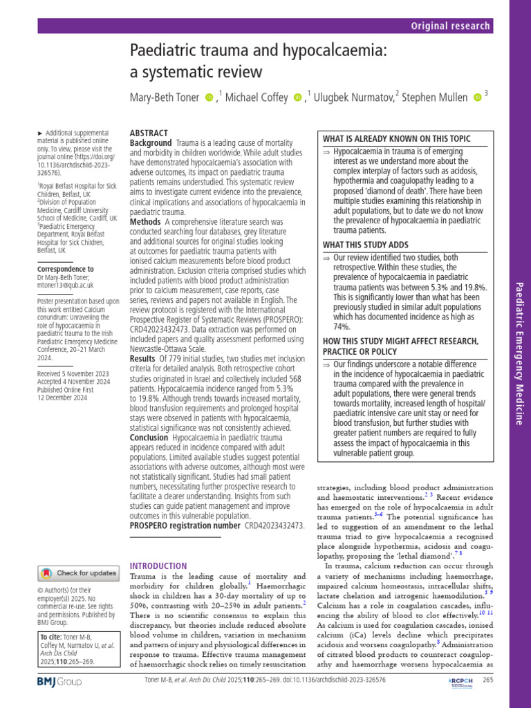 Paediatric Trauma and Hypocalcaemia 2025 | PDF | Systematic Review ...