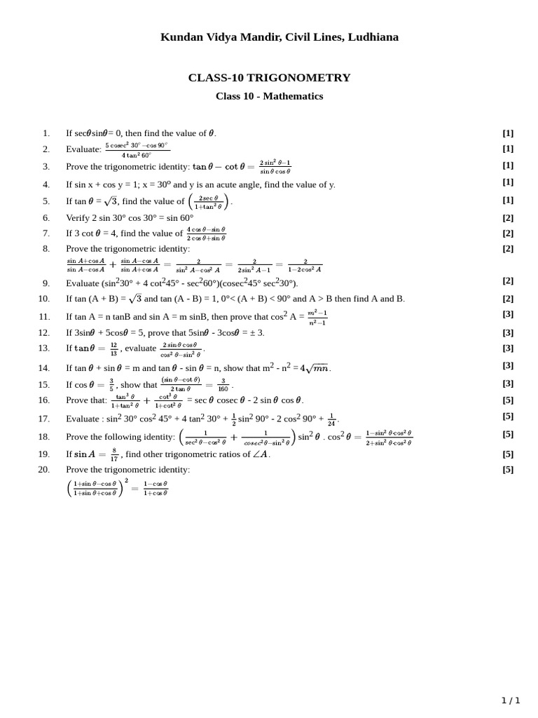 Class 10 Trigonometry Test Paper | PDF | Trigonometry | Trigonometric ...