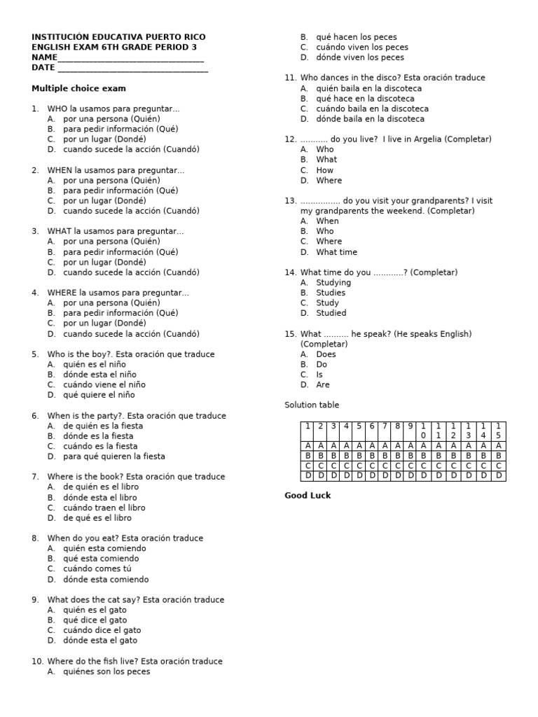 Examen de Inglés 6° Grado - Preguntas Básicas | PDF