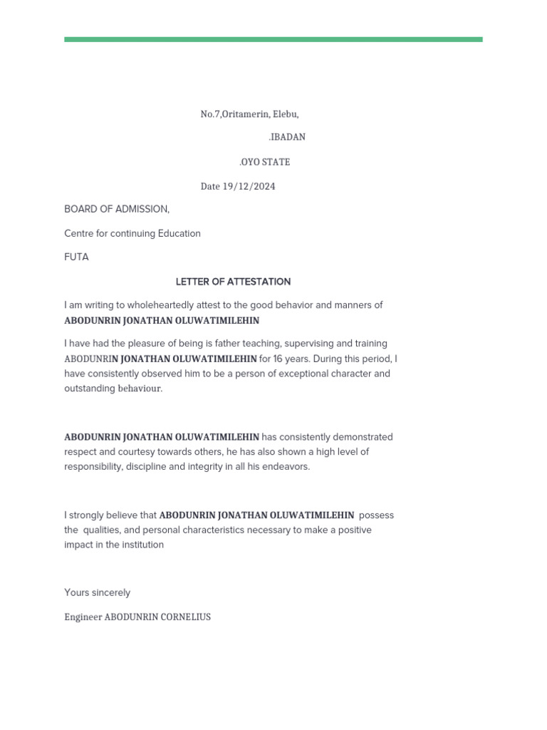 Attestation Letter for Abodunrin Jonathan | PDF
