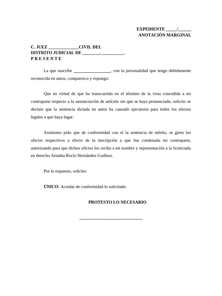Escrito Solicitando Cause Ejecutoria Sentencia Definitiva | PDF