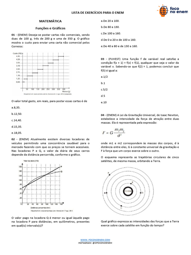 Exercícios de Matemática para o ENEM | PDF | Gravidade | Função ...