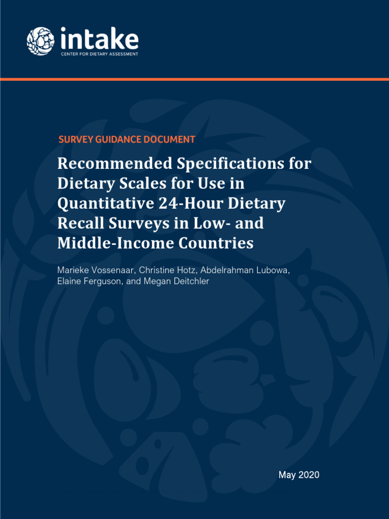 Intake Specifications Dietary Scales R24h Survey 2020 | PDF | Weighing ...