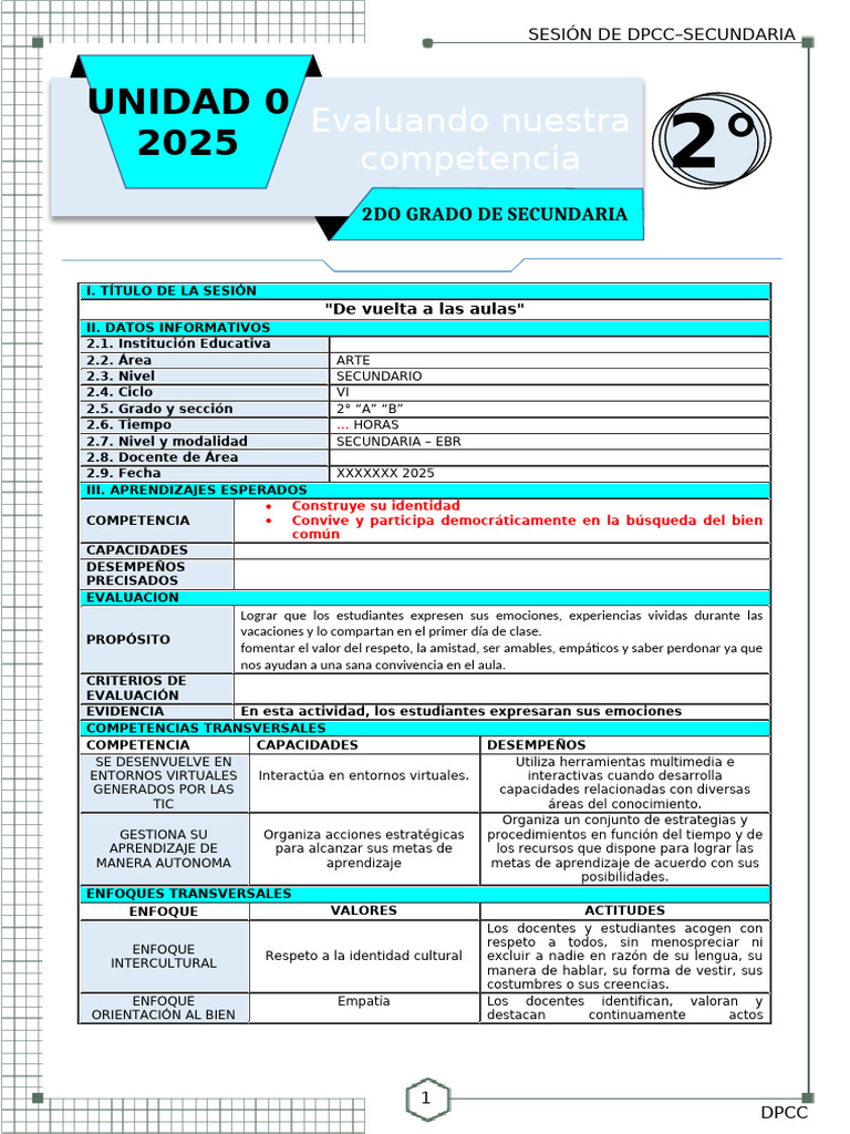 Sesión de Aprendizaje DPCC 2° Secundaria | PDF | Maestros | Enseñando